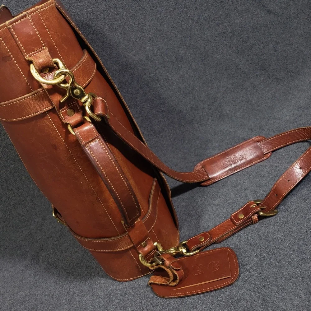 King‎ Ranch Leather Briefcase Mens Large Brown Messenger Bag Brass Running W